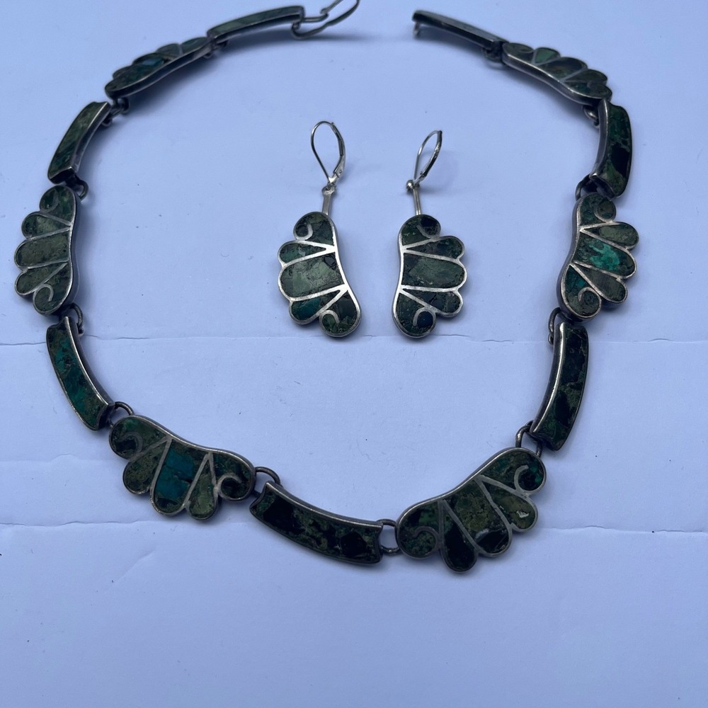 Vintage Taxco Mexico Sterling Silver Mosaico Turquoise Malachite Jewelry Set